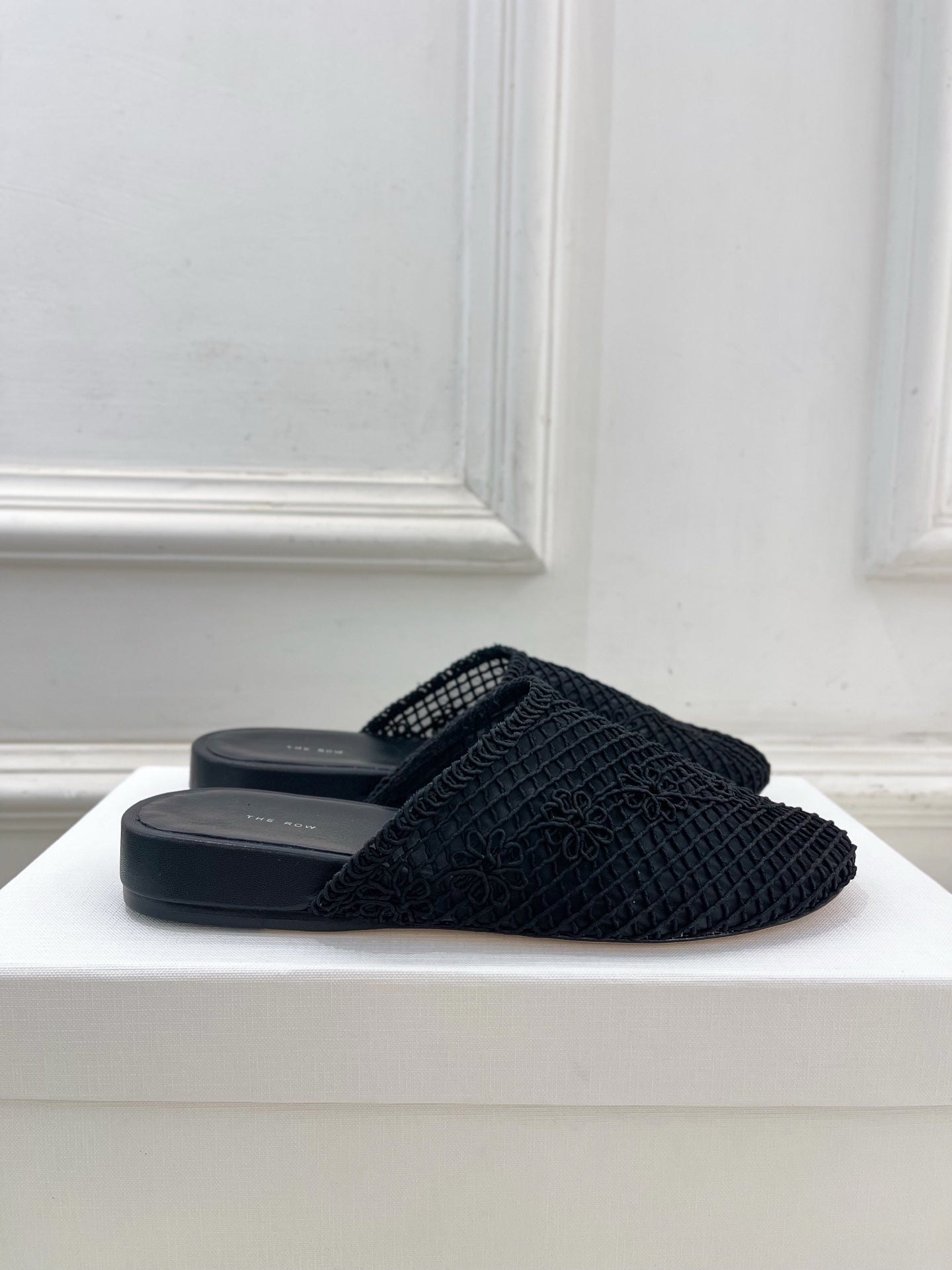 The Row  Slide Mules Black Mesh And Sheepskin 325555