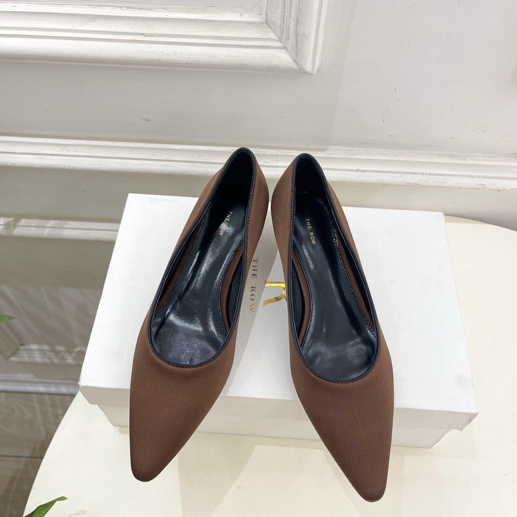 The Row 25ss TR Kitten heel Pointed Toe Shoes 35mm Brown Frabic Sheepskin 425557