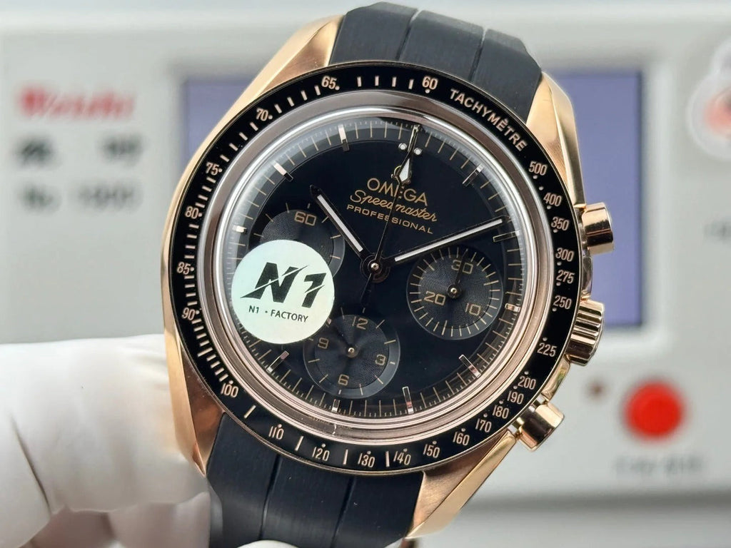 Omega Speedmaster Moonwatch Professional 42mm Black Dial Rose Gold Case Rubber Strap