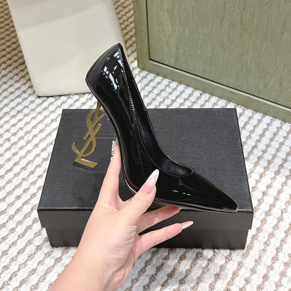 YSL 26ss High Heel Pumps 85 Black Patent Leather Gold 654697