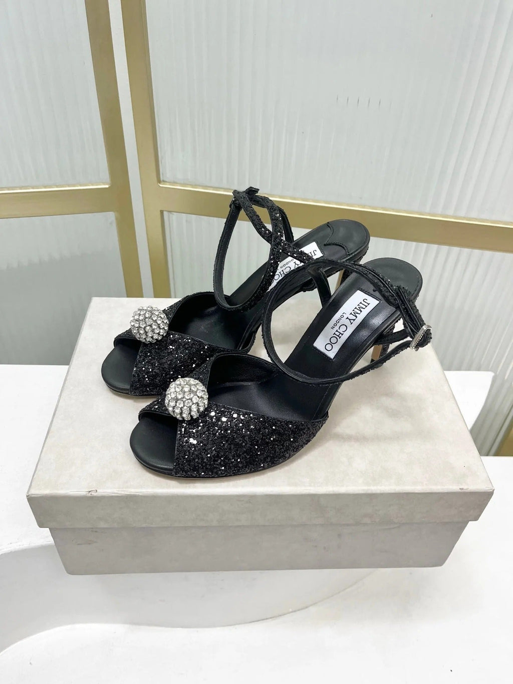 Jimmy 26s Peep-Toe High Heels 85 Black Lace Sheepskin 605975
