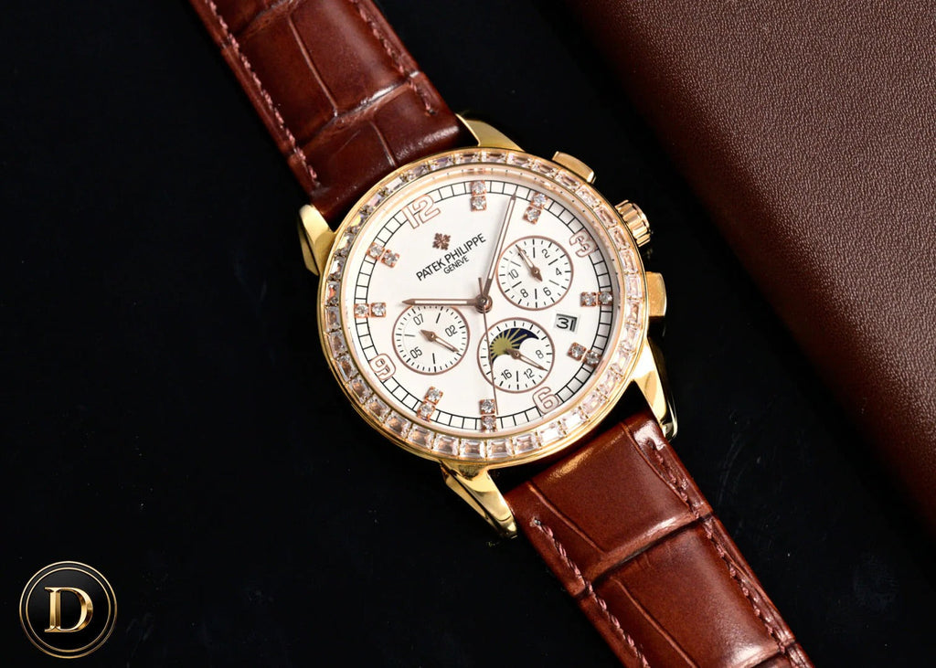 Patek Philippe Annual Calendar 42mm Diamond Benzel Rose Gold Case Brown Leather Strap