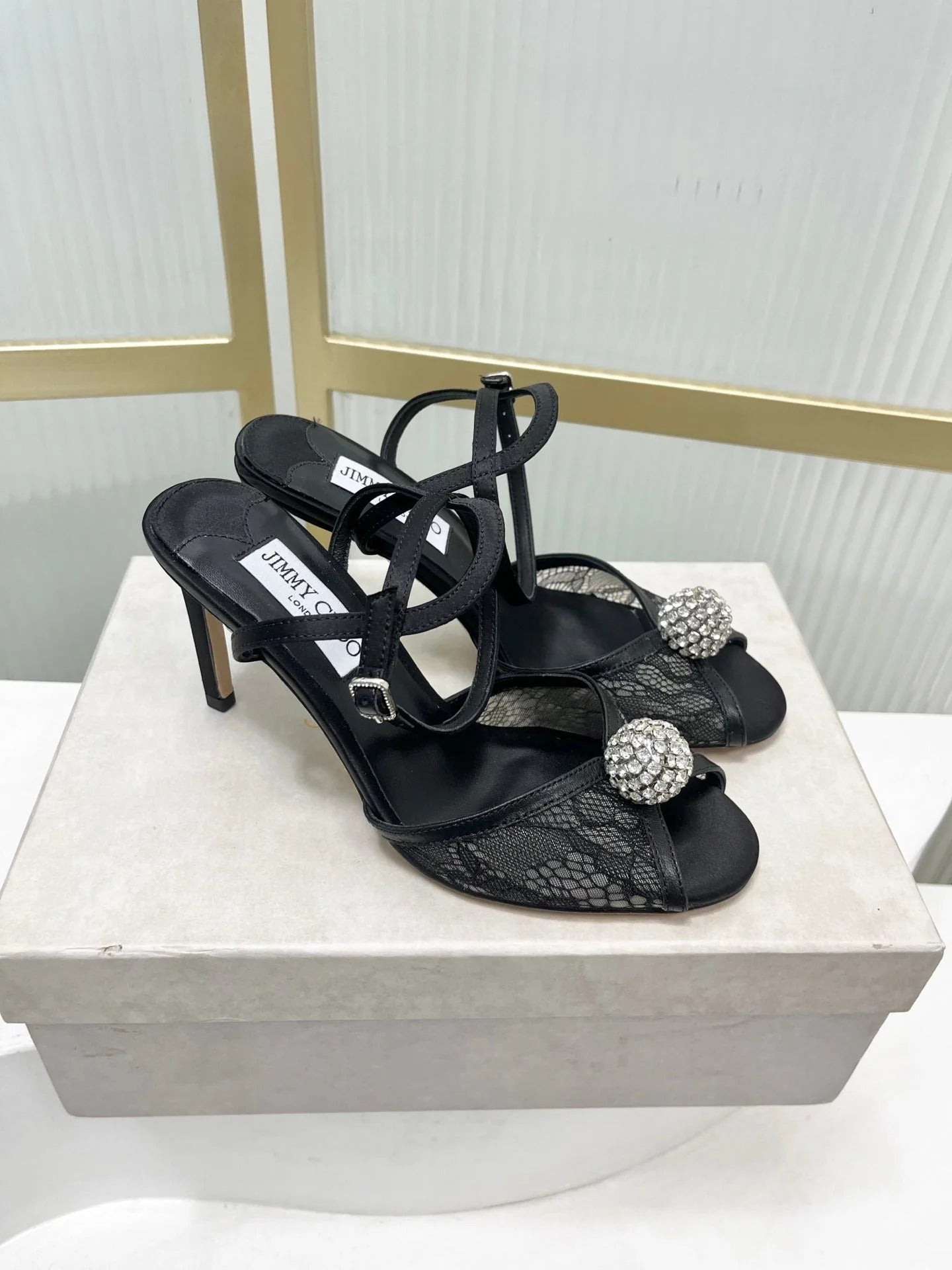Jimmy 26s Peep-Toe High Heels 85 Black Lace Sheepskin 605973
