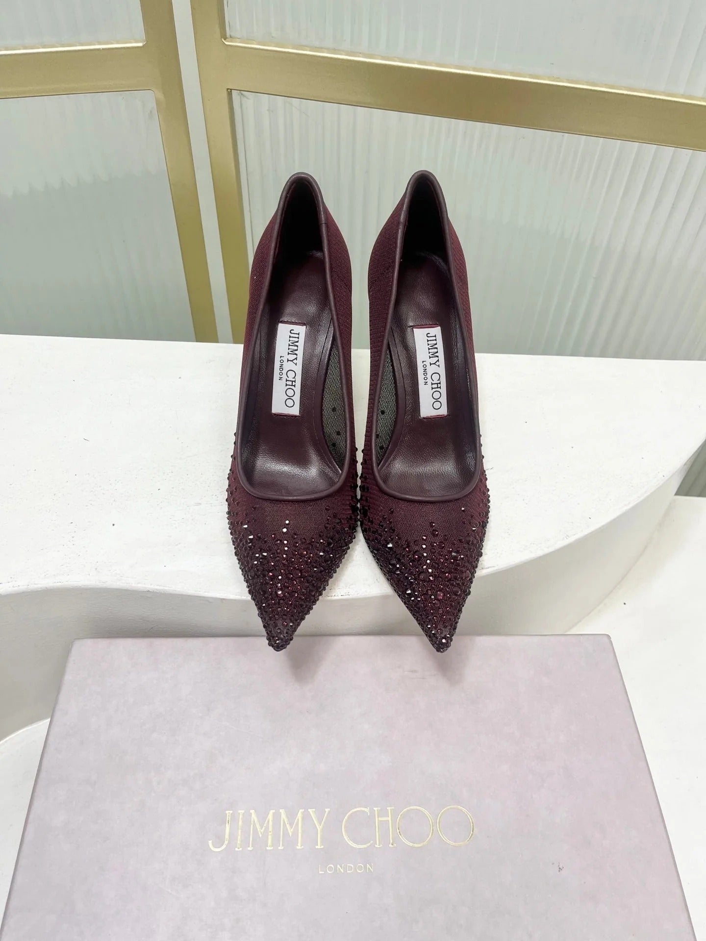 Jimmy 26s High Heels 85 Burgundy Rhinestones Mesh Sheepskin 605982