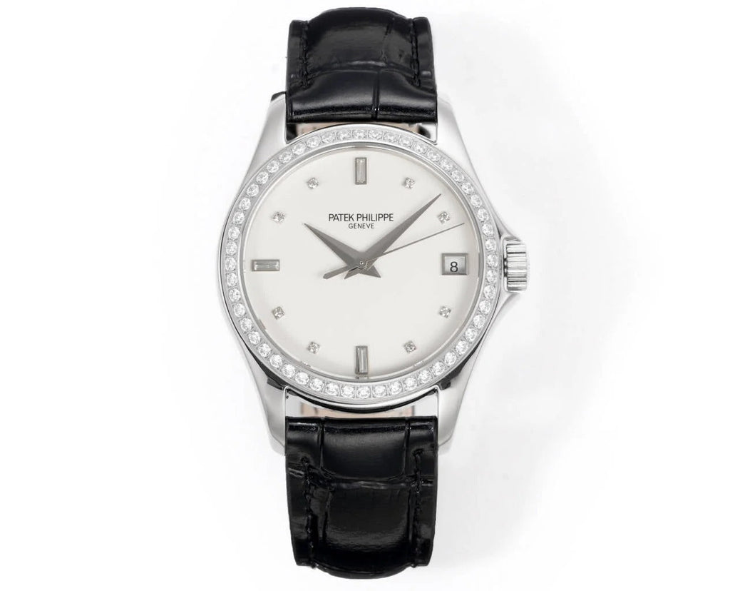 Patek Philippe Calatrava 37mm White Dial Black Leather Strap Watch