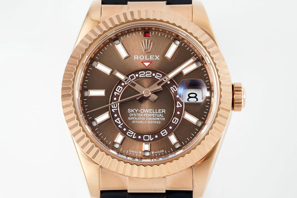 Rolex Sky-Dweller 42mm Rose Gold Case Brown Dial Rubber Strap