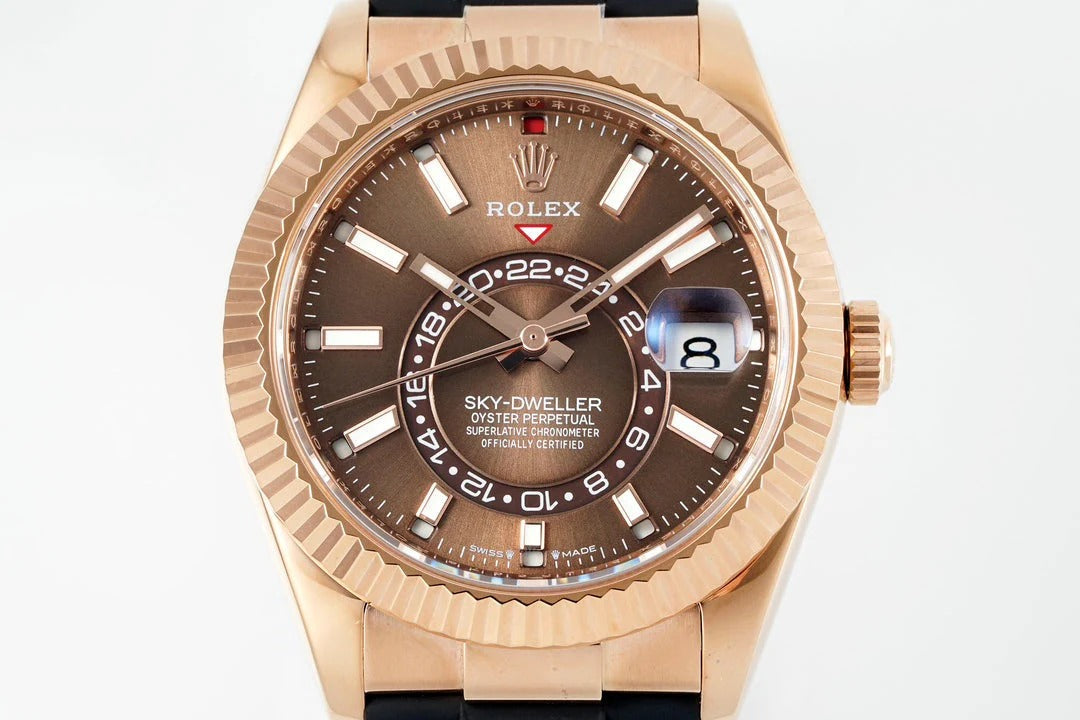 Rolex Sky-Dweller 42mm Rose Gold Case Brown Dial Rubber Strap