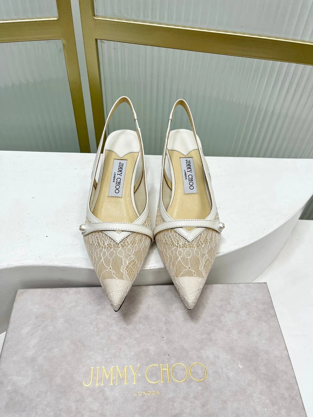 Jimmy 26s Slingback 45 White Beige Lace Sheepskin 605963