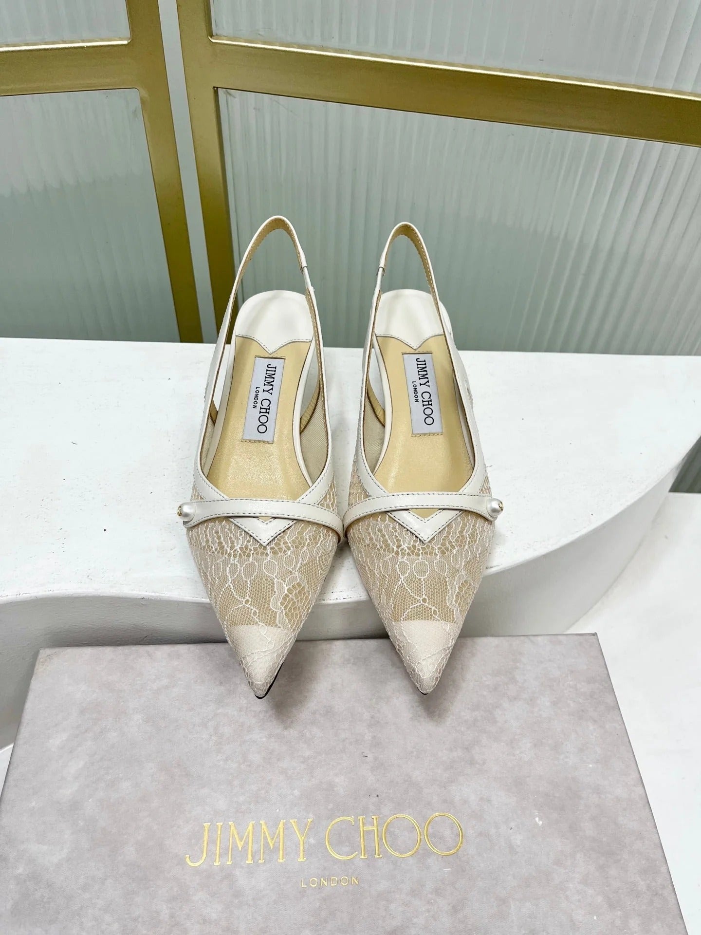 Jimmy 26s Slingback 45 White Beige Lace Sheepskin 605963