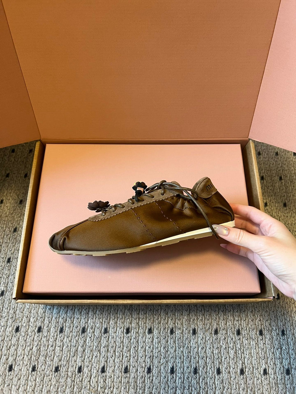 Miu Miu 2026 Plume Sneaker With Floral Charm Brown Satin 621344