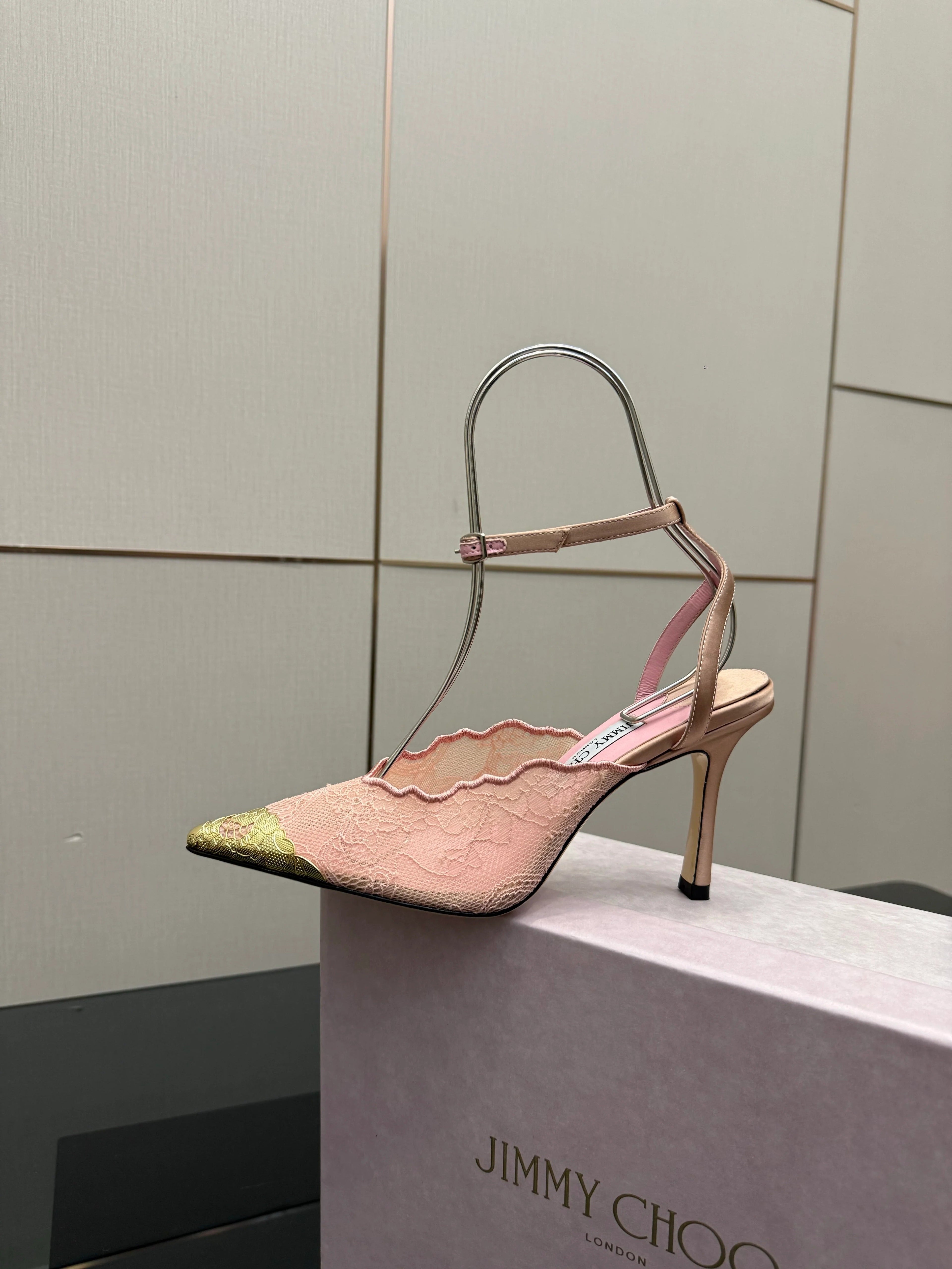 Jimmy Choo 2026 Faiz 100 Pump Pink Gold Lace Metallic 629905