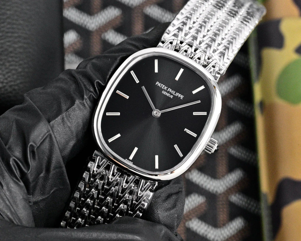Patek Philippe Golden Ellipse 27mm Black Dial Steel Strap
