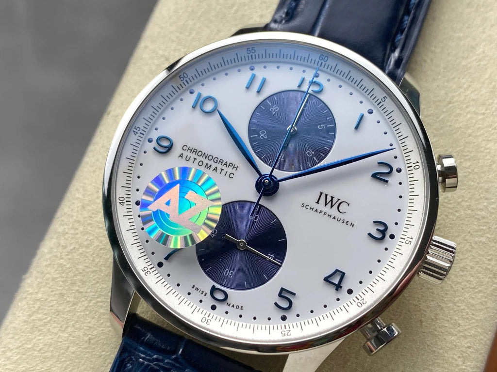 IWC Portuguese 41mm White Blue Dial Steel Case Navy Blue Crocodile Leather
