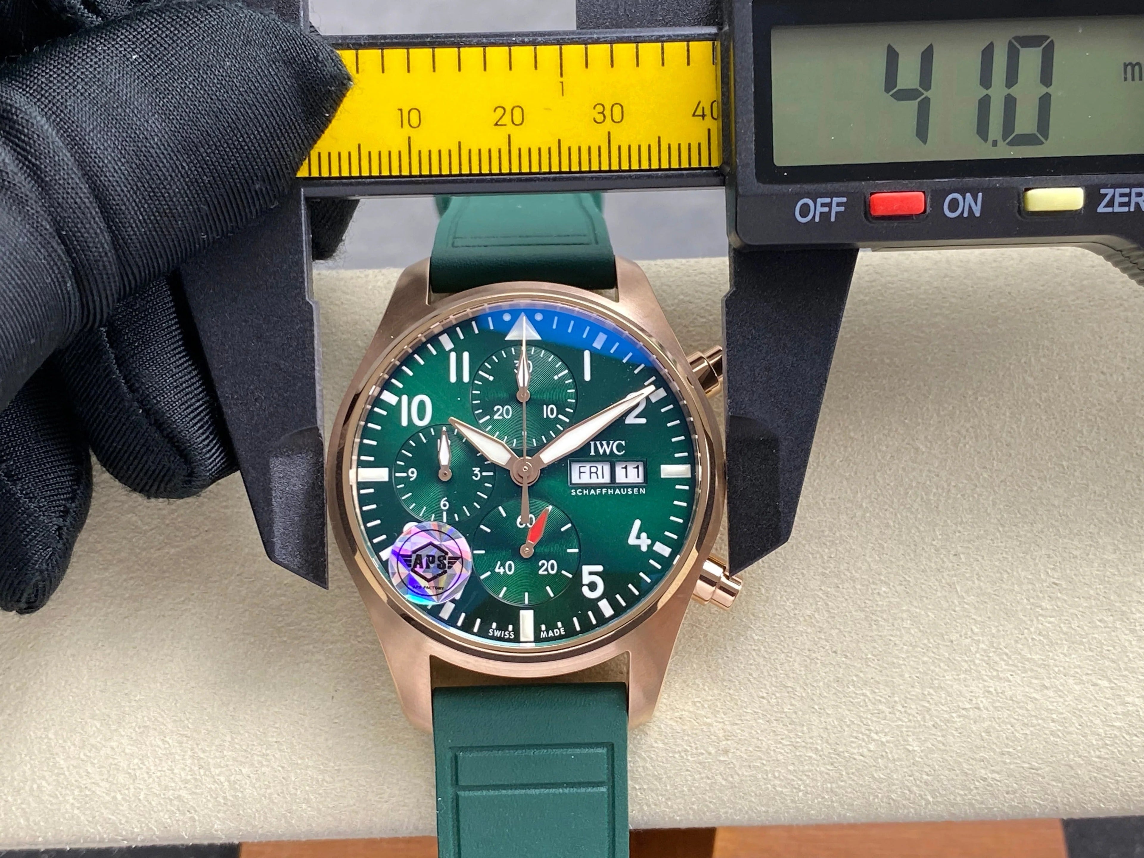 IWC Pilot's Chronograph 41 Pink Gold Case Green Dial Rubber Strap