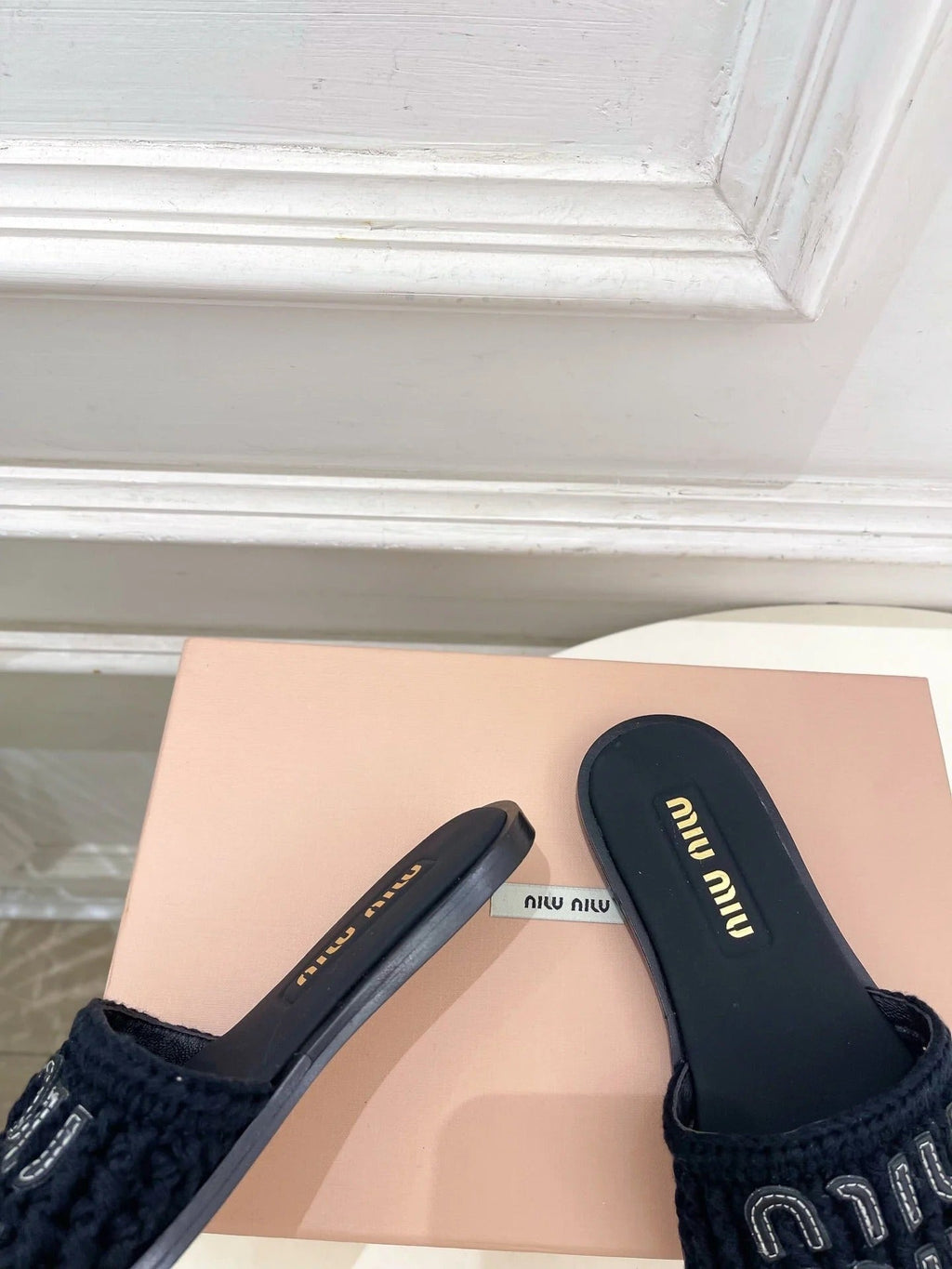 MIU Flat Slippers Black Knitted Fabric Sheepskin 631914