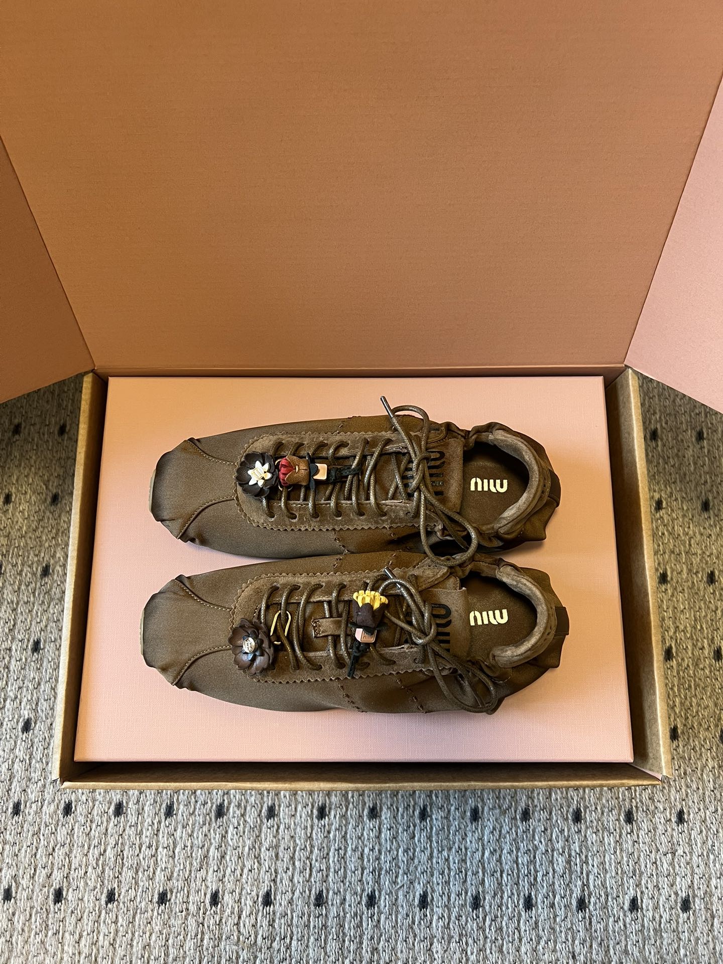 Miu Miu 2026 Plume Sneaker With Floral Charm Brown Satin 621344