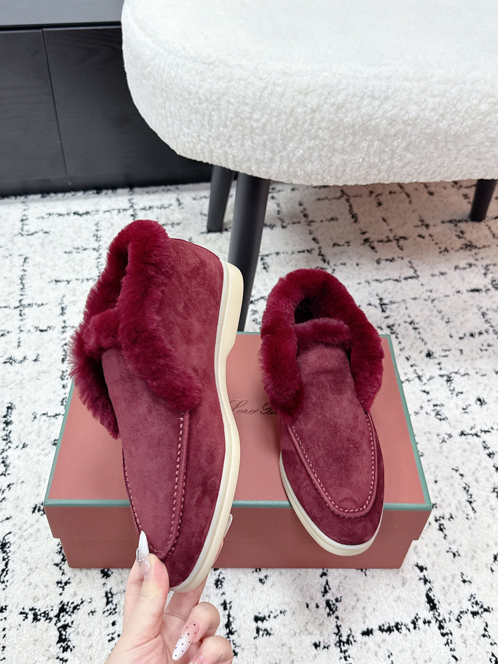 LP 26SS Open Walk Ankle Boot Burgundy Suede Fur 617383