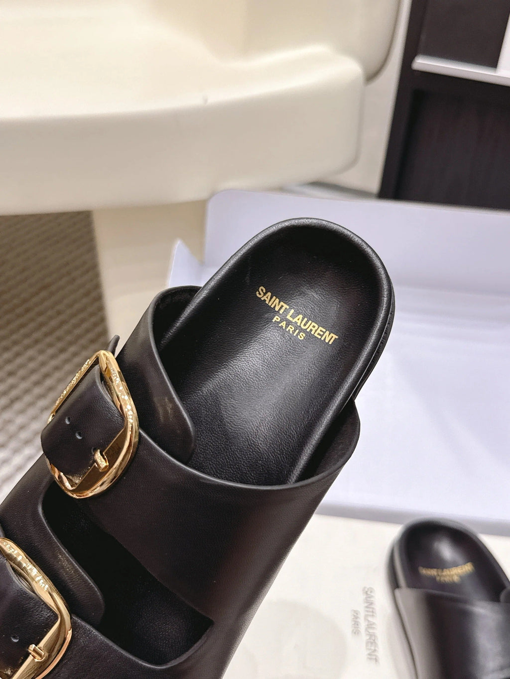 YSL 26ss Platform Slippers Black Sheepskin Gold Buckle 663205