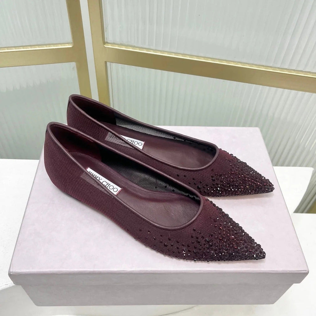 Jimmy 26s Ballet Flats Burgundy Rhinestones Mesh Sheepskin 605980