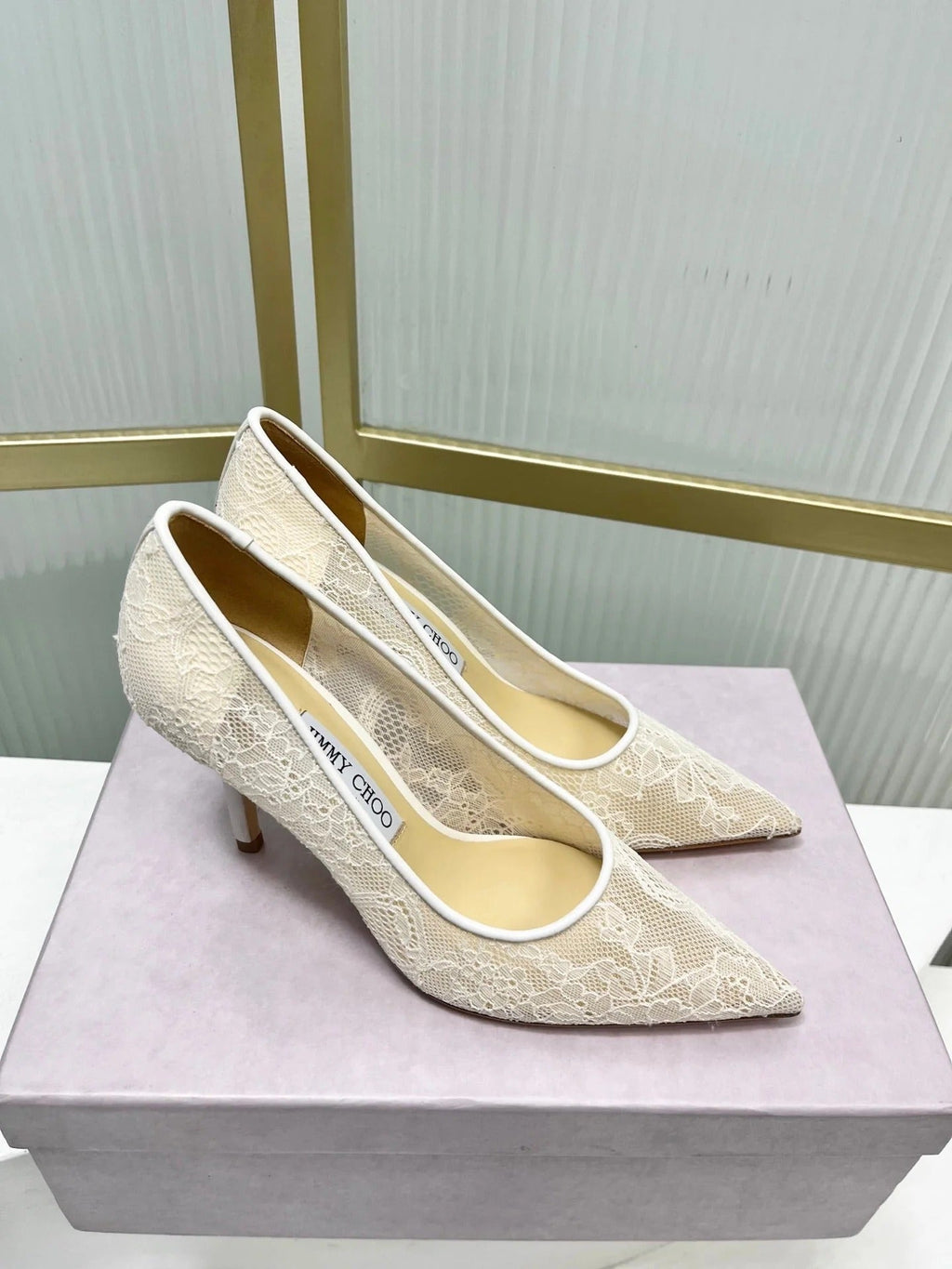 Jimmy 26s Heel Pump 85 Ivory Beige Lace Sheepskin 605950