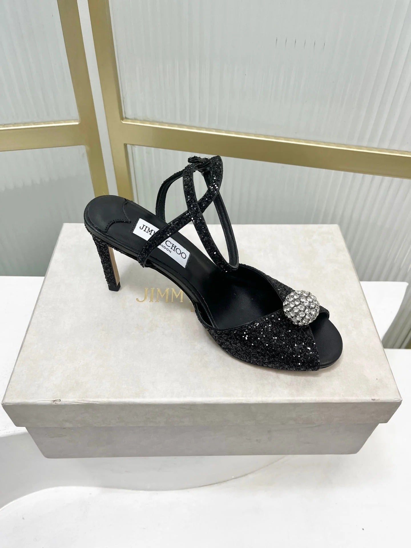 Jimmy 26s Peep-Toe High Heels 85 Black Lace Sheepskin 605975