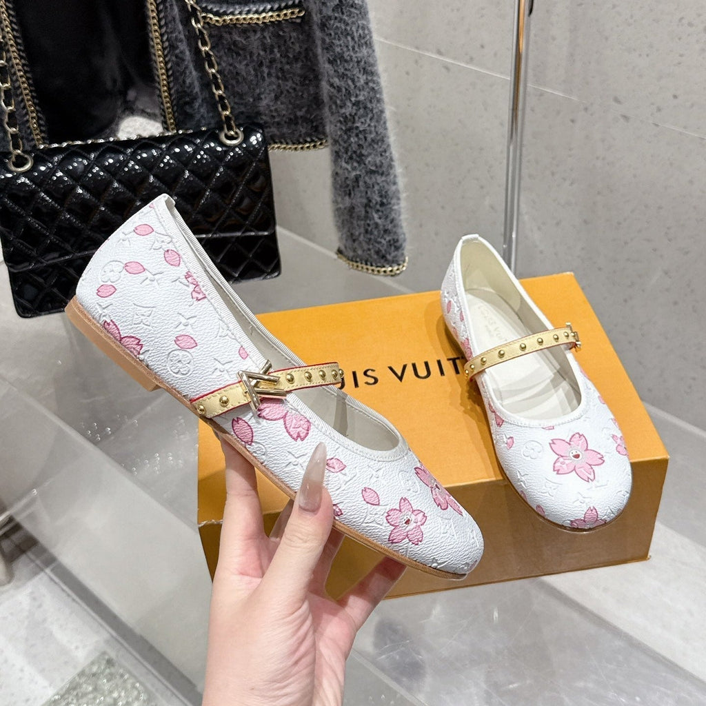 LV 26s Ballet Flats White Pink Monogram Leather 610841