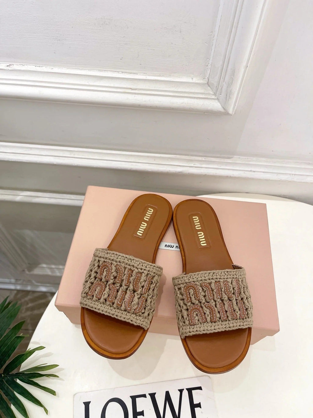 MIU Flat Slippers Brown Knitted Fabric Sheepskin 631915