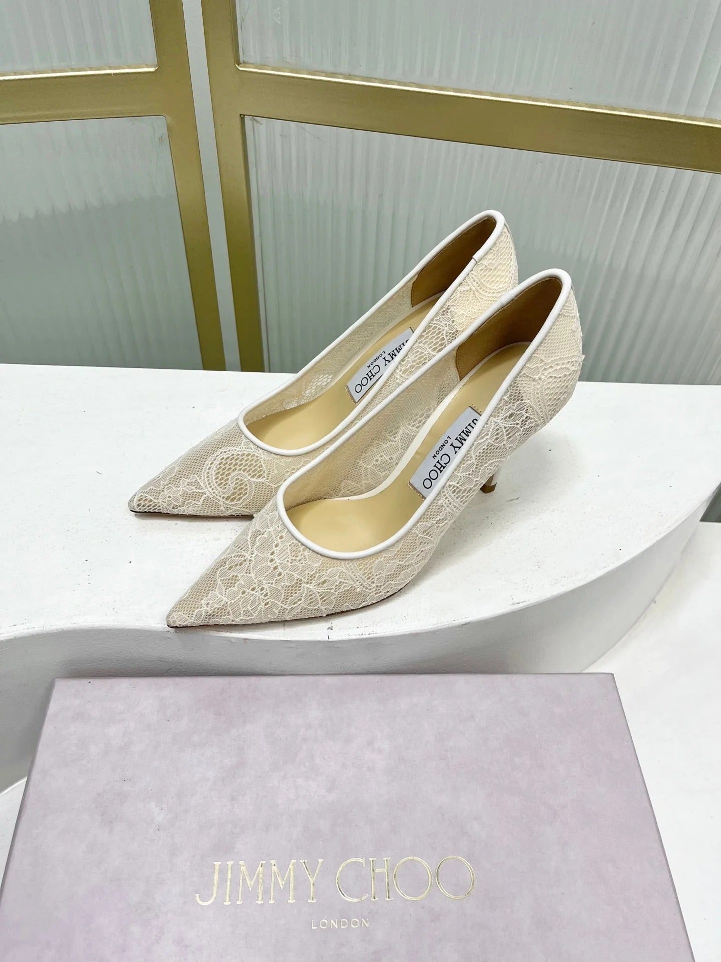 Jimmy 26s Heel Pump 85 Ivory Beige Lace Sheepskin 605950
