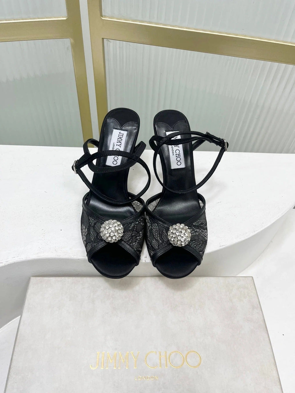 Jimmy 26s Peep-Toe High Heels 85 Black Lace Sheepskin 605973