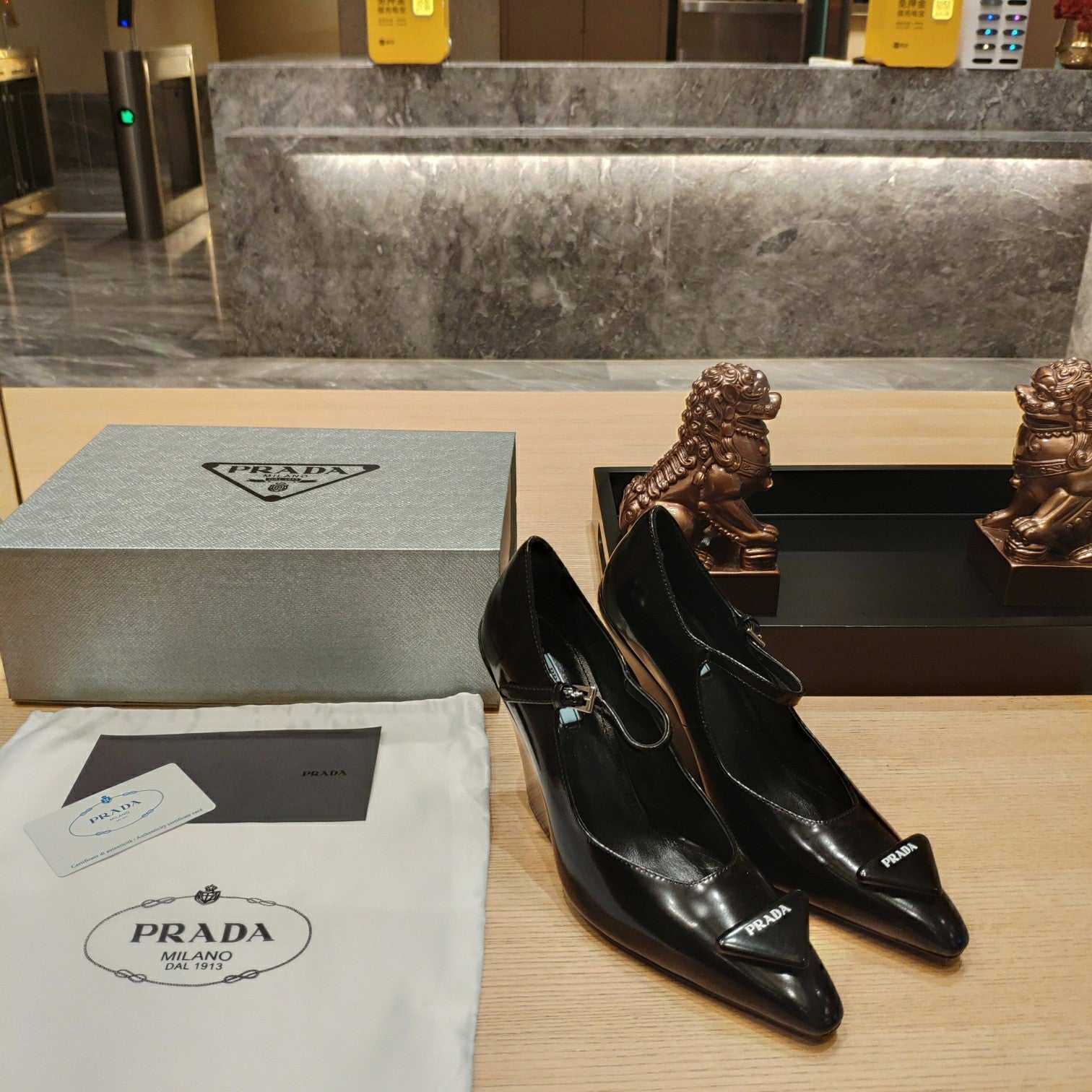 Prada Modellerie Mary Jane Pumps With Sculptural Heel Black Patent Leather