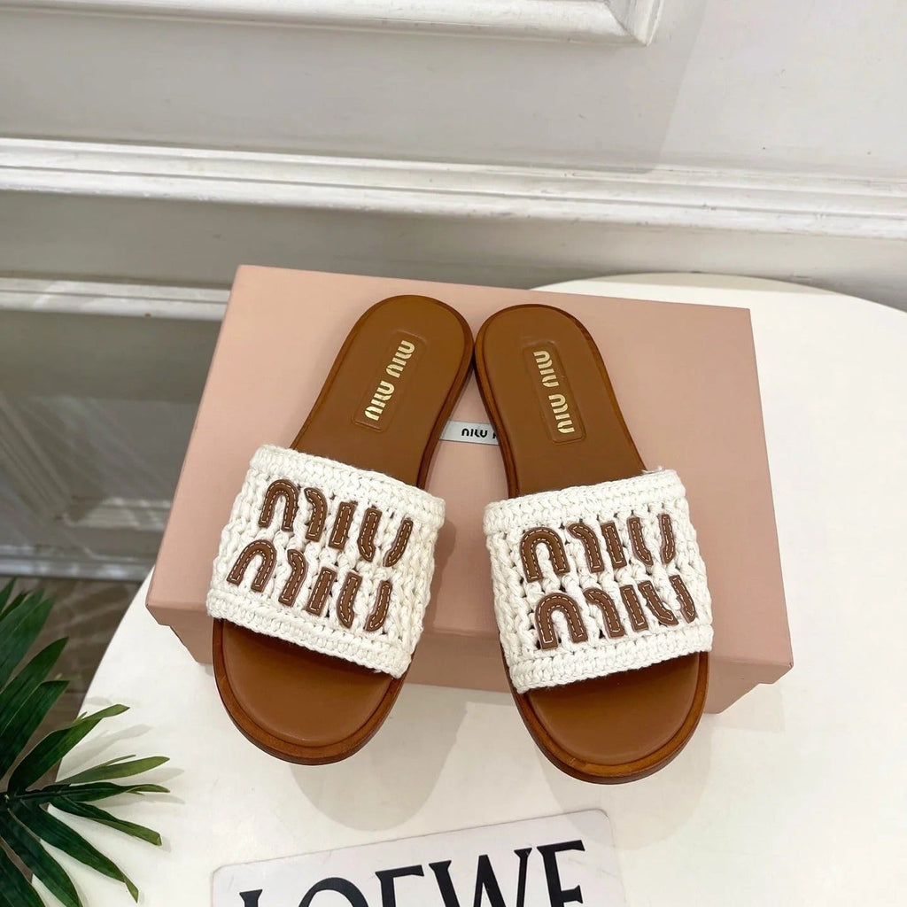 MIU Flat Slippers Brown White Knitted Fabric Sheepskin 631916