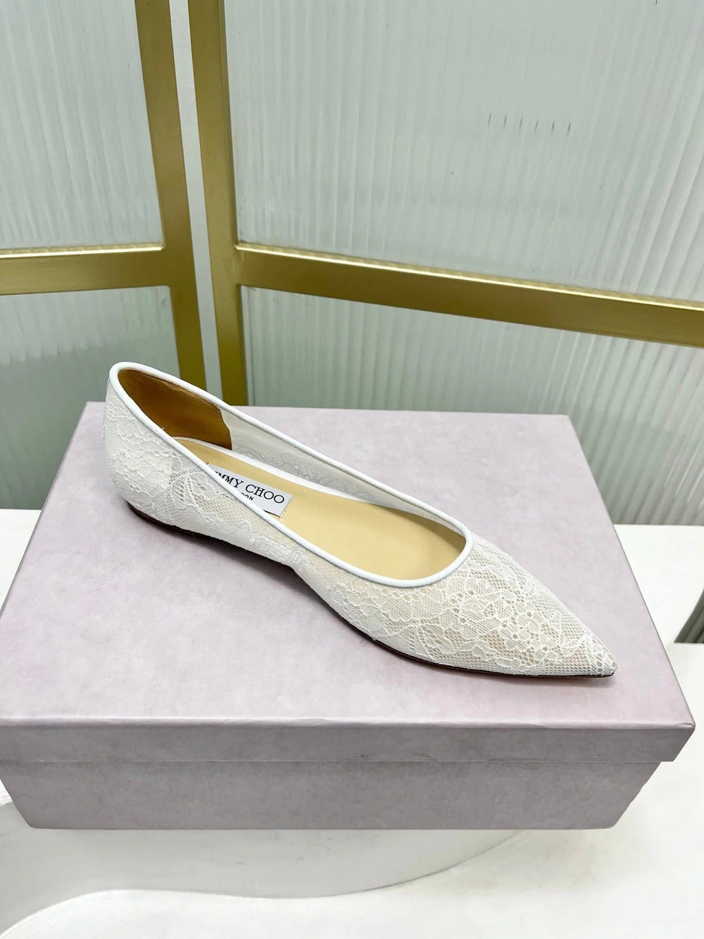 Jimmy 26s Ballet Flats White Beige Lace Sheepskin 605949