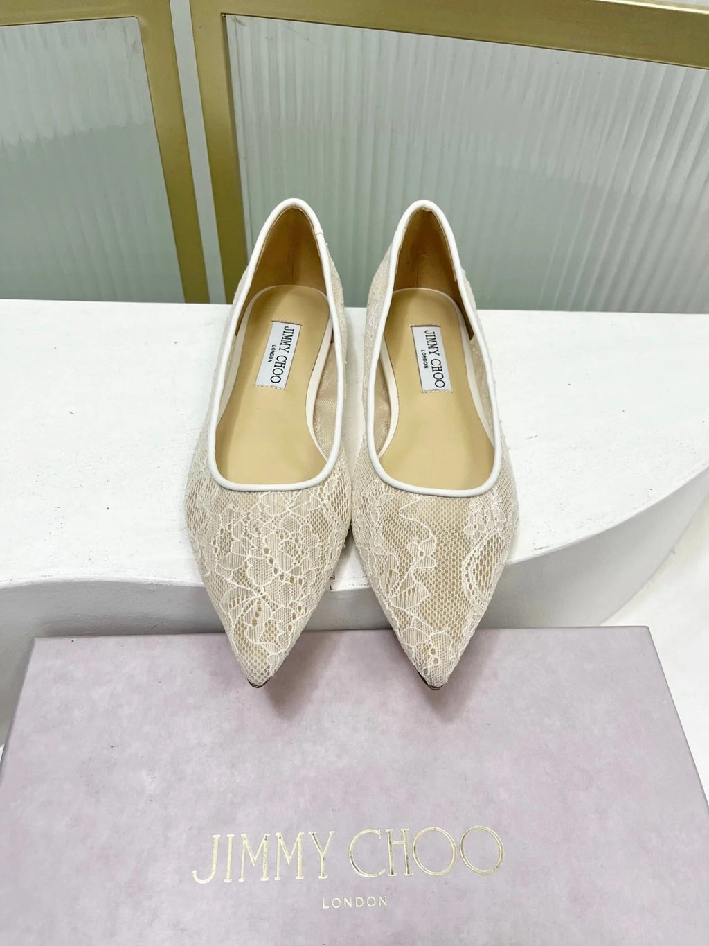 Jimmy 26s Ballet Flats Ivory Beige Lace Sheepskin 605952