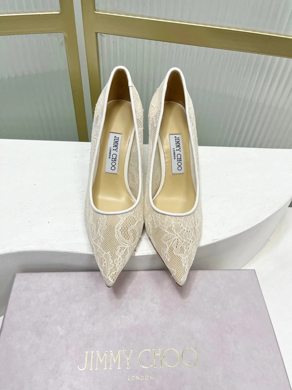 Jimmy 26s Heel Pump 85 Ivory Beige Lace Sheepskin 605950