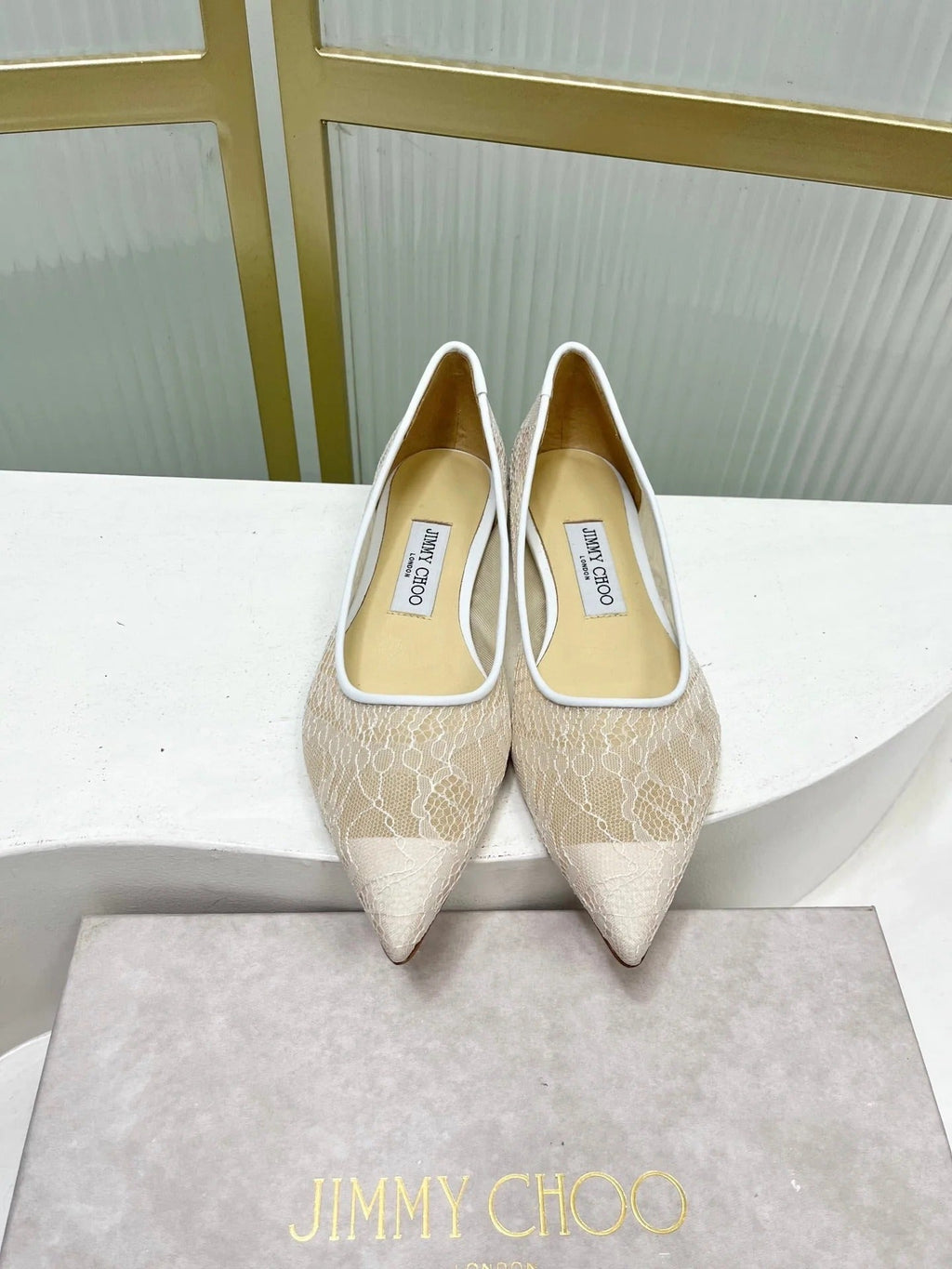 Jimmy 26s Ballet Flats White Beige Lace Sheepskin 605962