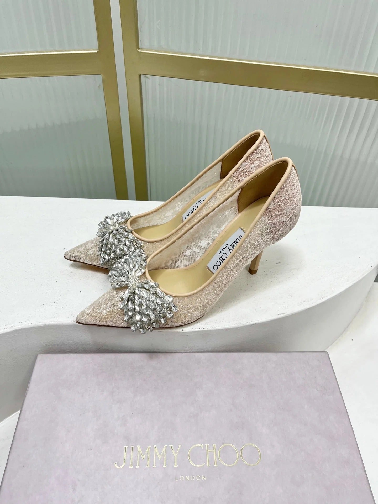 Jimmy 26s High Heels 85 Beige White Imported Lace Sheepskin 605988
