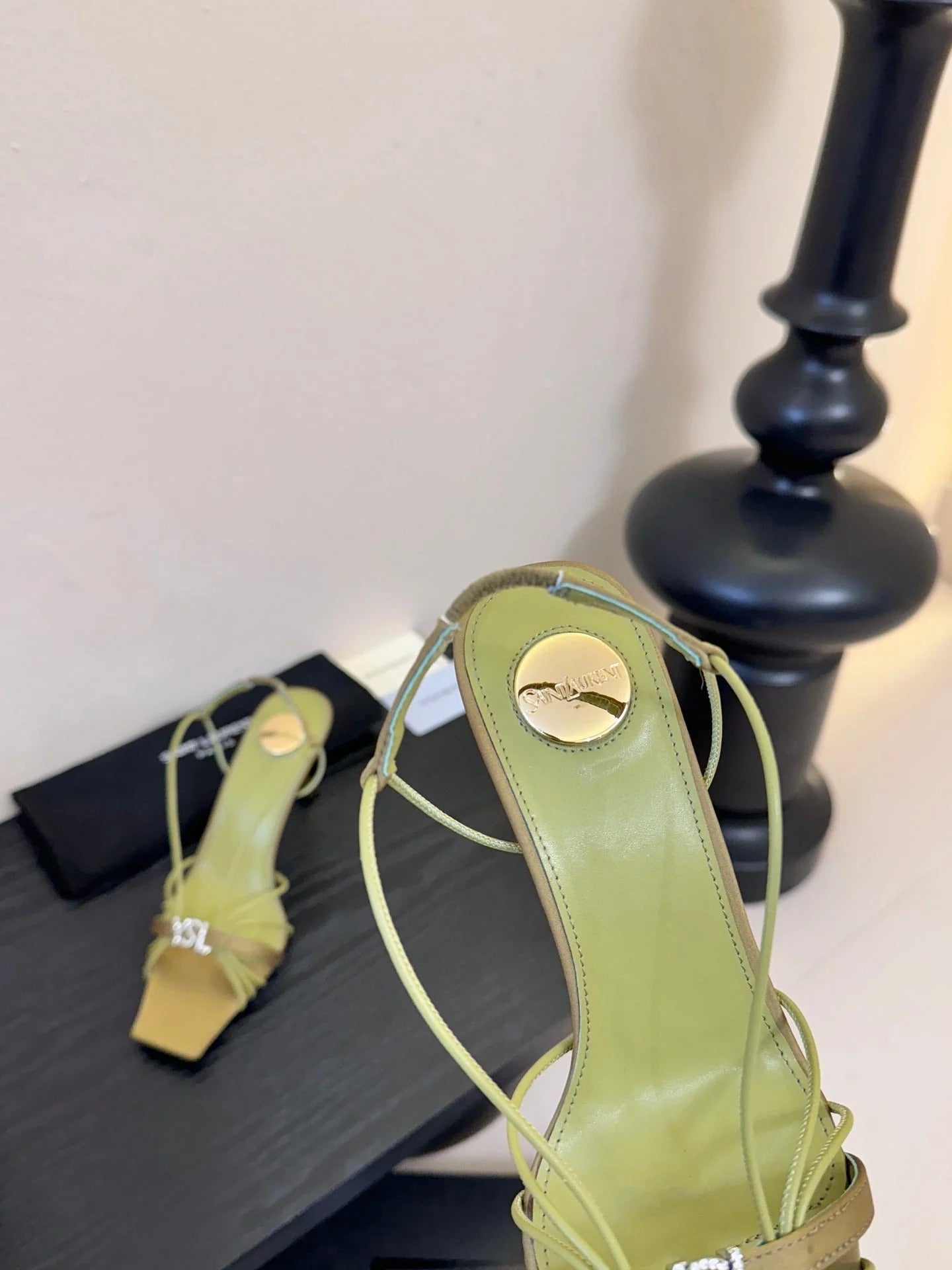 YSL 26ss Square Toe Sandals 70 Light Green Silk Sheepskin 651704