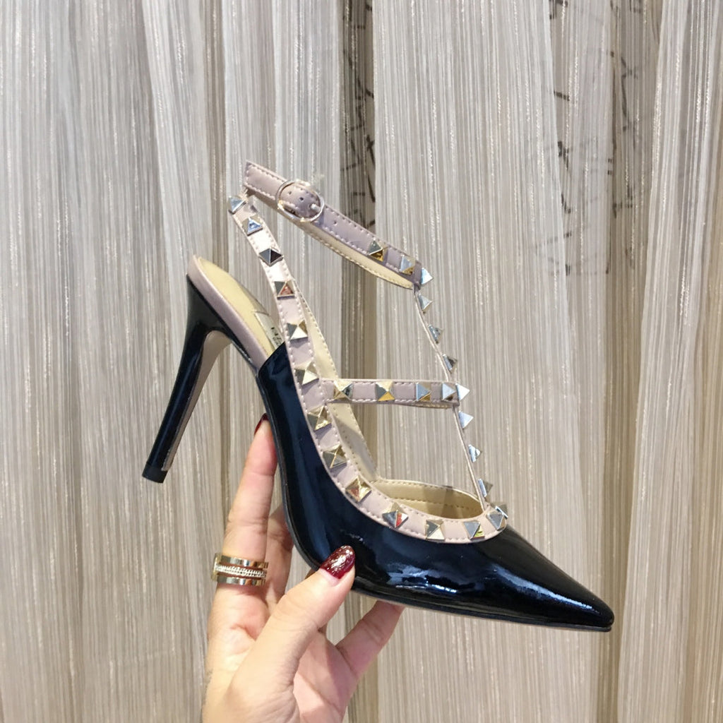 Valentino Rockstud Caged Pumps 100mm Black mix Nude Patent Leather 239638
