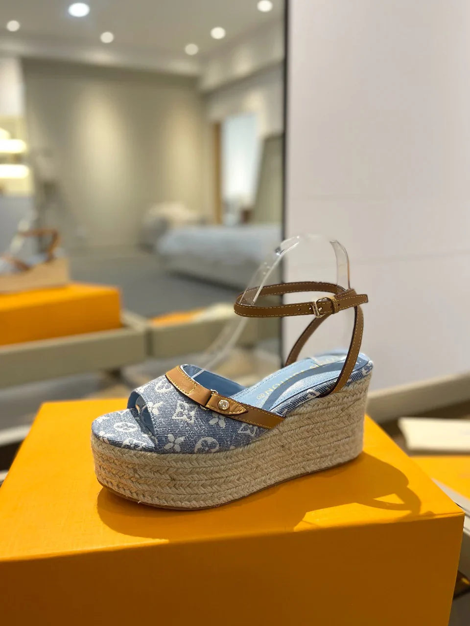 Louis Vuitton Helios Wedge Sandals Blue Canvas Cowhide 687329
