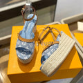 Louis Vuitton Helios Wedge Sandals Blue Canvas Cowhide 687329