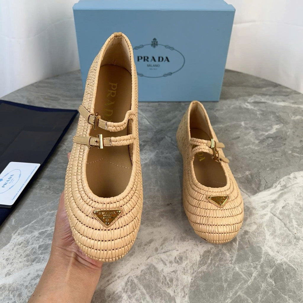 Pra Crochet Ballerinas Flats In Beige Raffia